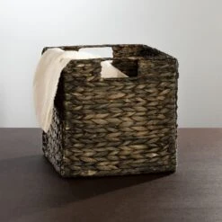 Black Wash Woven Hyacinth Cube Storage Basket 10.5 X 10.5 X 10.5