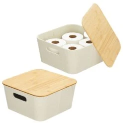 Stackable Fabric Bins With Bamboo Lids 12 X 12 X 6 4 Stackable Fabric Bins With Bamboo Lids 12 X 12 X 6 -mDesign 1000 Square JPG 20076MDHS Outline