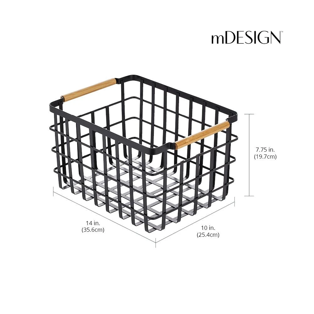 Wire Closet Basket with Bamboo Handles 14 x 10 x 8 Wire Closet Basket With Bamboo Handles 14 X 10 X 8 -mDesign 1000 Square JPG 21180MDCO Dimensions