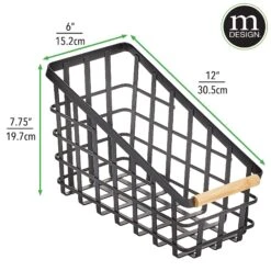Wire Pantry Basket With Bamboo Handle 12 X 6 X 8 -mDesign 2000 300DPI 22061MDK dims