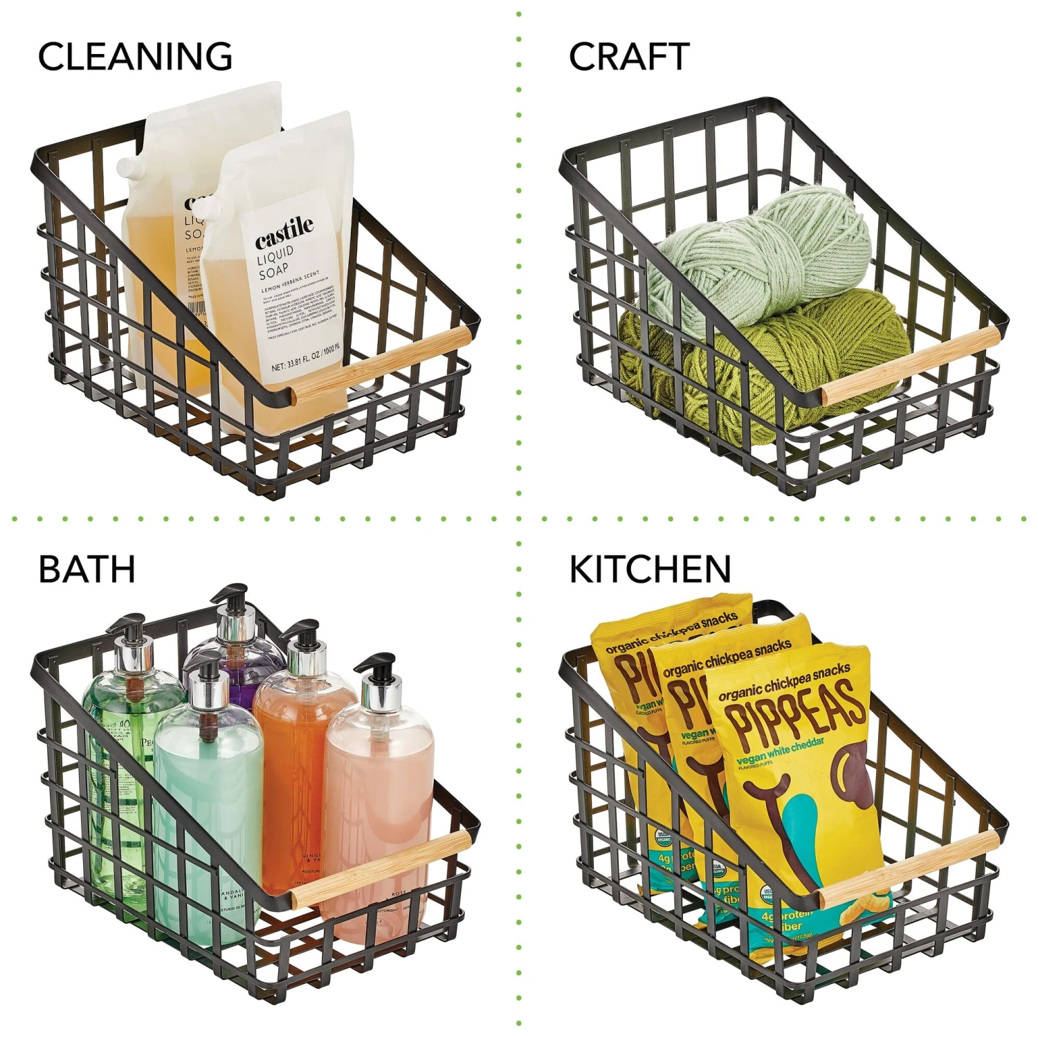 Wire Pantry Basket with Bamboo Handle 12 x 9 x 8 Wire Pantry Basket With Bamboo Handle 12 X 9 X 8 -mDesign 2000 300DPI 22067MDK detail2