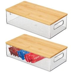 Clear Stackable Bins With Bamboo Lids 15 X 8 X 4