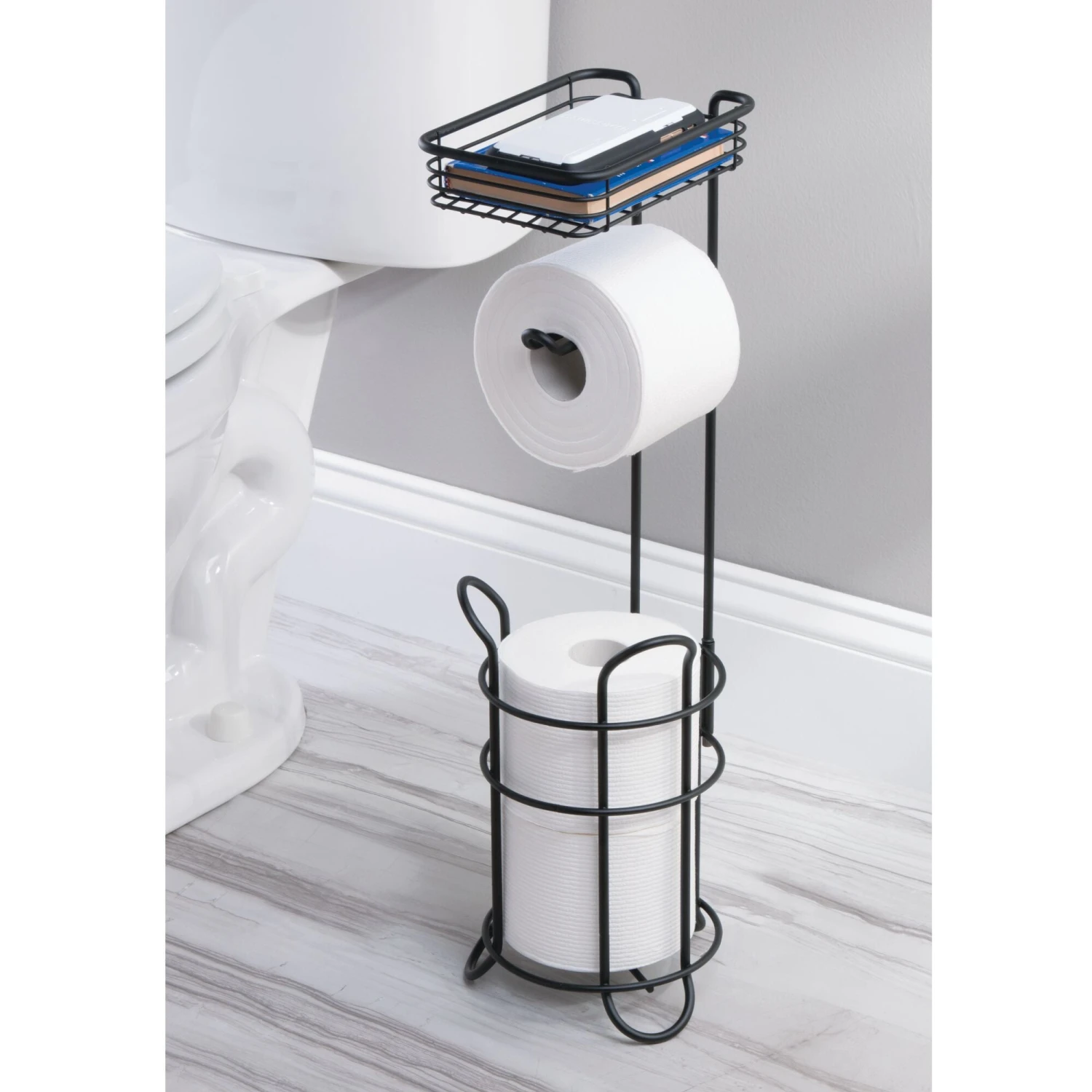 Toilet Paper Holder Stand with Shelf and 2-Roll Reserve Toilet Paper Holder Stand With Shelf And 2-Roll Reserve -mDesign 2000 Square JPG 8790MDBST.PT01