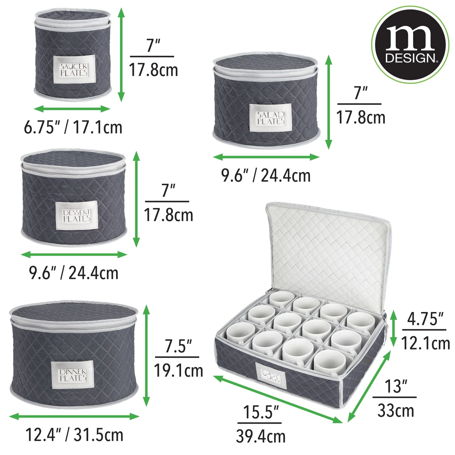 5-Piece Quilted Dinnerware Storage Set with Label Holder 5-Piece Quilted Dinnerware Storage Set With Label Holder -mDesign 2500 Square JPG 03387MDK Dimensions